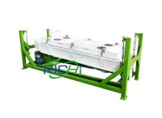 Front view of white and green rotating particle grading screen.