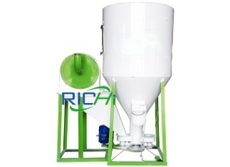 Temporary storage bin for biomass pellets before packing.